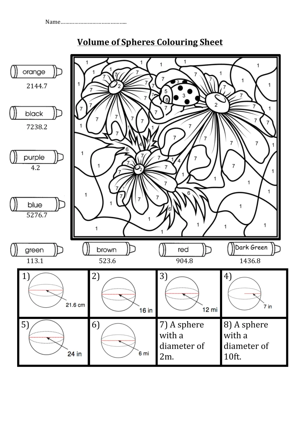Volume of spheres: students find the volume of 8 spheres from radius or diameter, then color a flower picture by answer