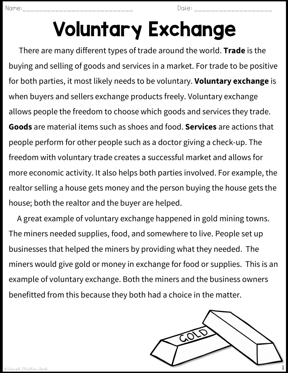 Voluntary exchange passage: students read how trade, goods and services work, with a gold mining town example