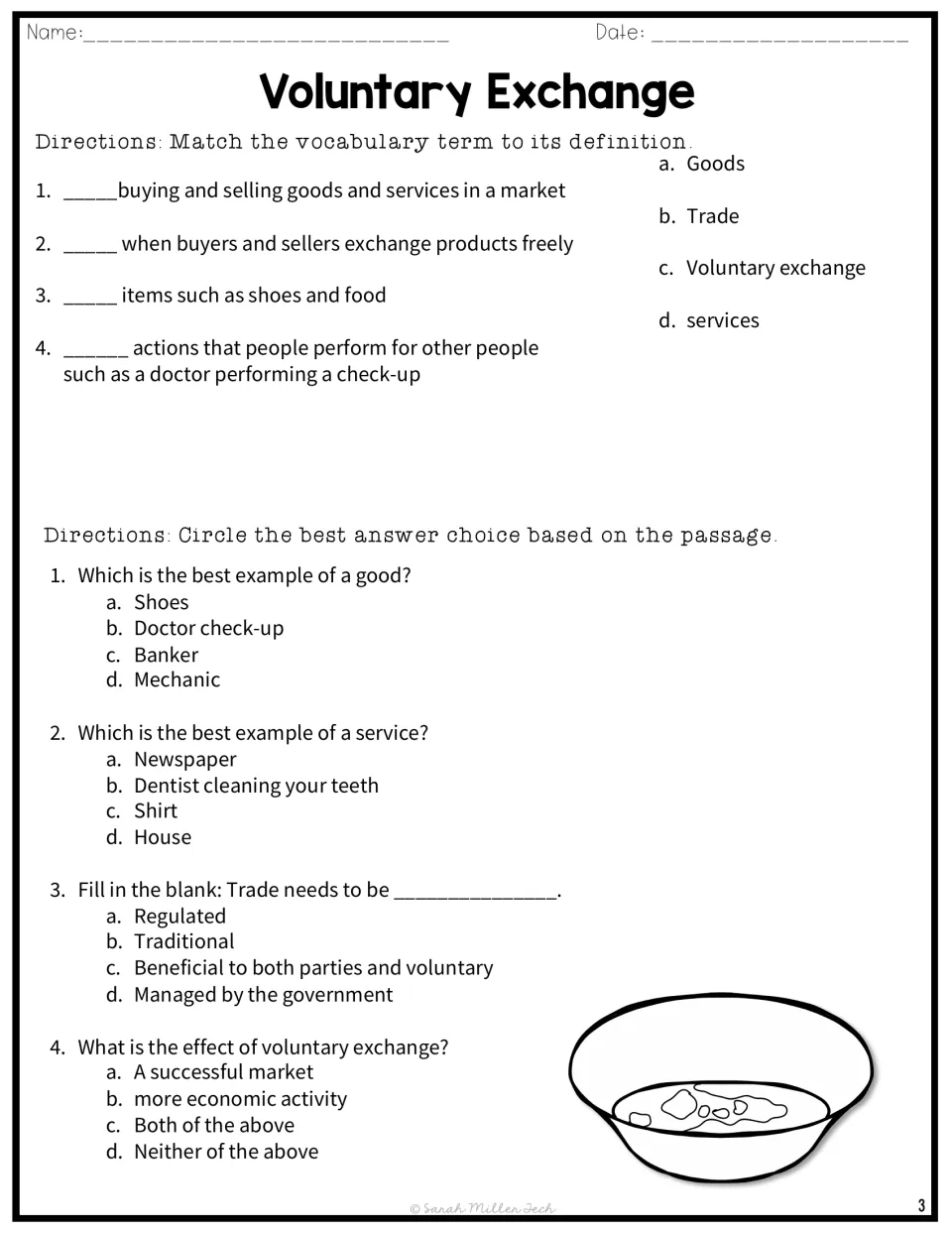 Economics vocabulary: students match trade, goods, services and voluntary exchange to definitions, then answer 4 items
