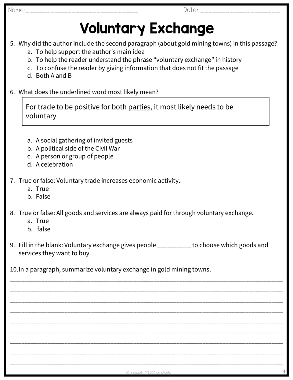 Comprehension questions 5-10: students answer author's purpose, word meaning and true/false items, then write a summary