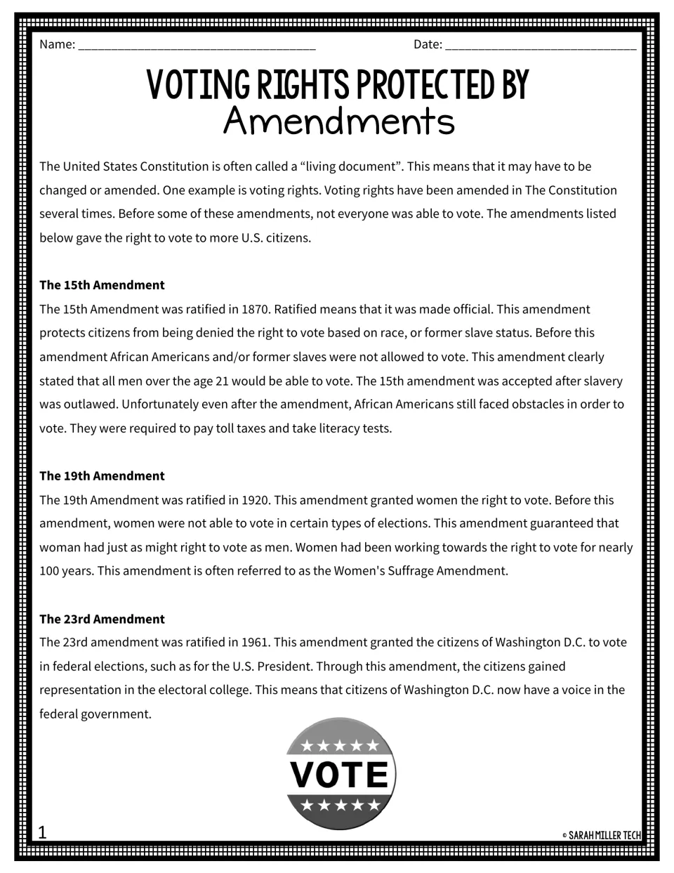Voting rights reading: passage on the 15th, 19th and 23rd Amendments, when each was ratified and who gained the vote