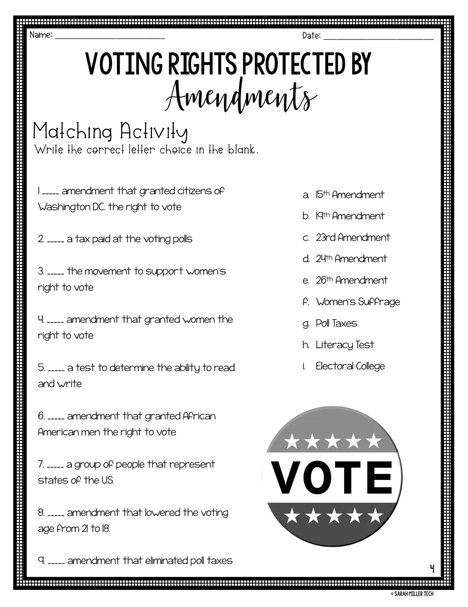 Voting rights matching: students write the letter of the amendment or term, such as poll taxes, that fits each of 9 clues