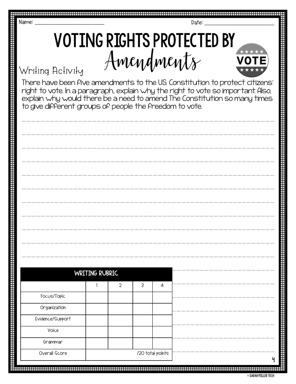 Writing activity: students write a paragraph on why voting matters and why the Constitution was amended so often