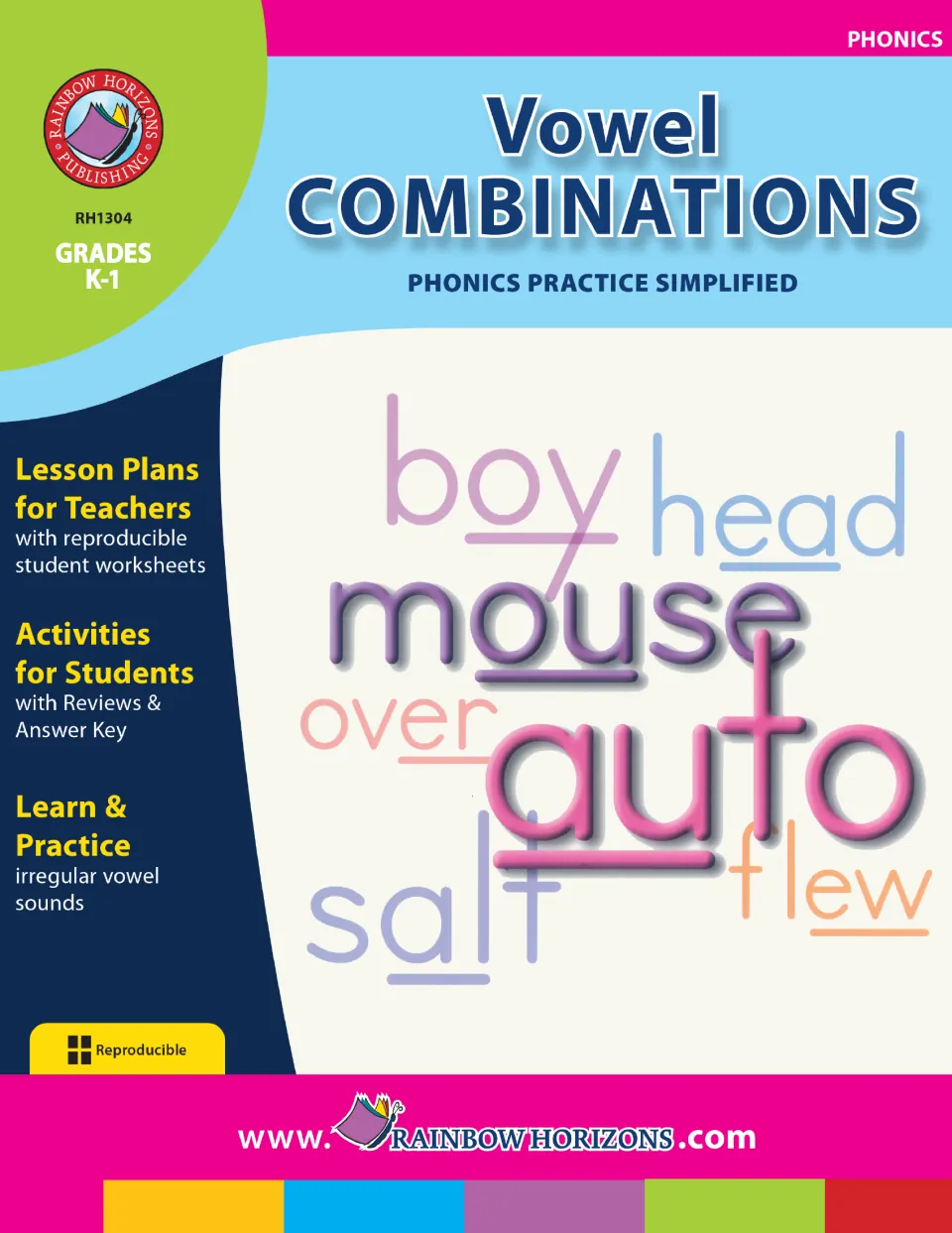 Cover of Vowel Combinations - Phonics Practice Simplified for grades K–1, featuring boy, head, and mouse