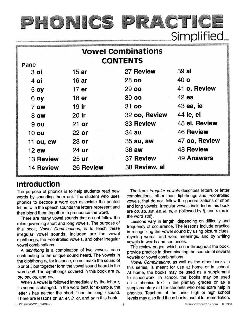 Contents and introduction to vowel practice, listing oi, oy, ow, ou, r-controlled vowels, reviews, and answers