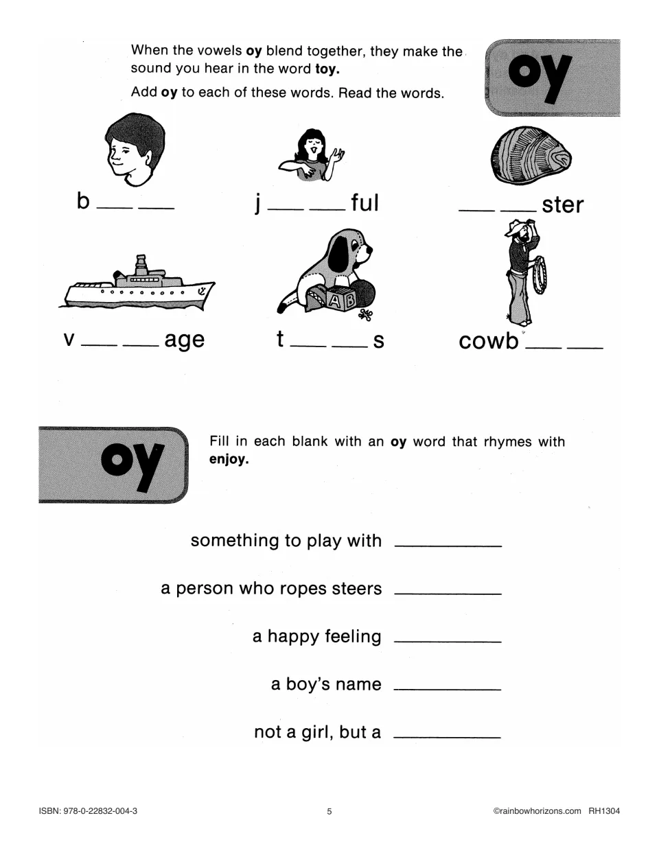 First oy practice page: complete boy, joyful, oyster, voyage, toys, and cowboy, then solve rhyming clues