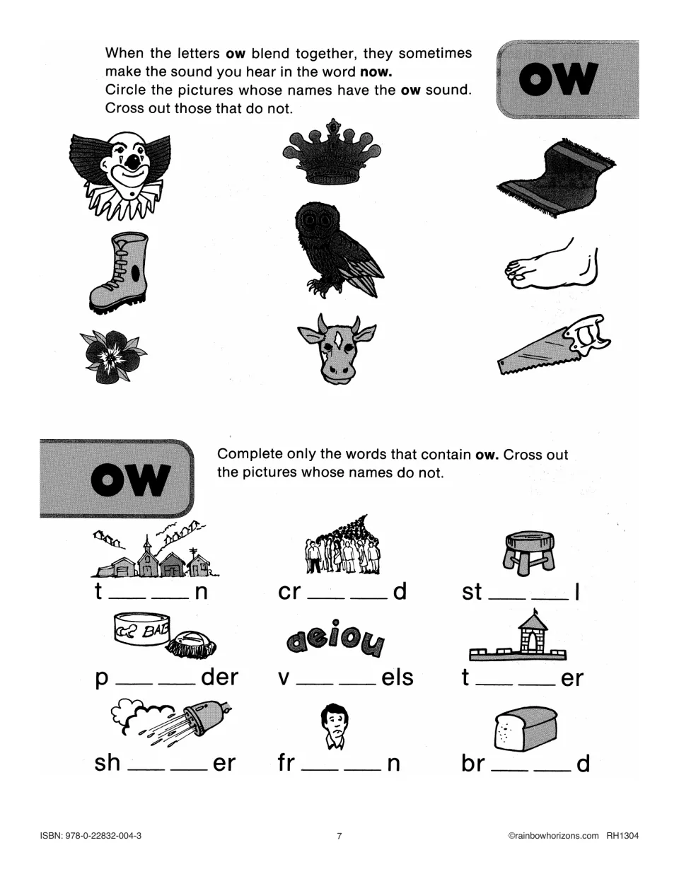 First ow practice page: identify pictures with the sound in now, then complete words such as town and crowd