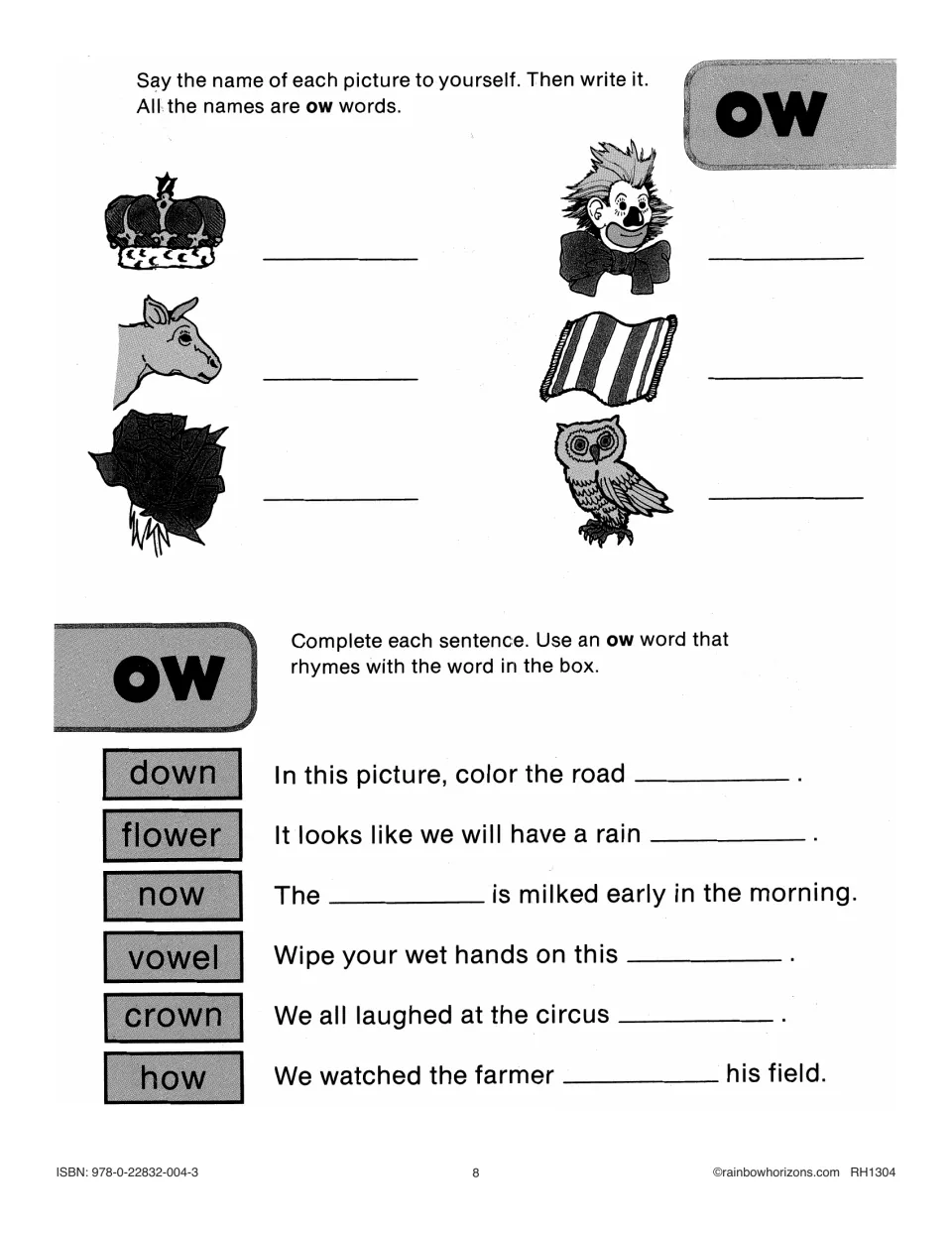 Second ow practice page: write names for crown, clown, cow, towel, flower, and owl, then use rhymes in sentences