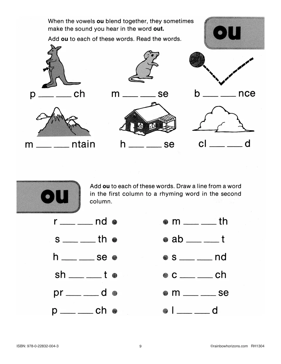 First ou practice page: complete pouch, mouse, bounce, mountain, house, and cloud, then match rhyming words