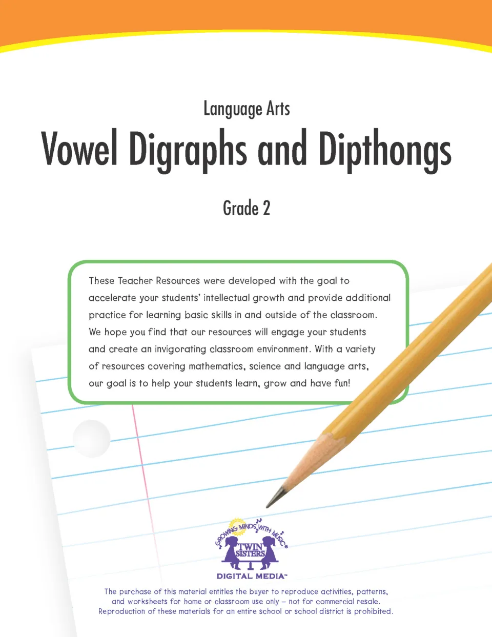 Vowel Digraphs and Dipthongs, Grade 2 Language Arts cover from Twin Sisters, with a pencil resting on lined paper