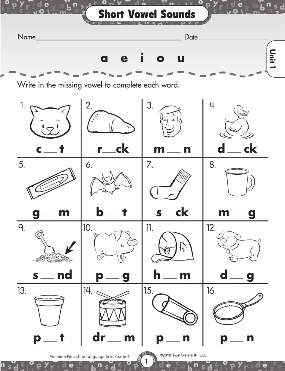 Short vowel sounds: students write the missing a, e, i, o or u under 16 pictures such as cat, duck, sock, pig and drum