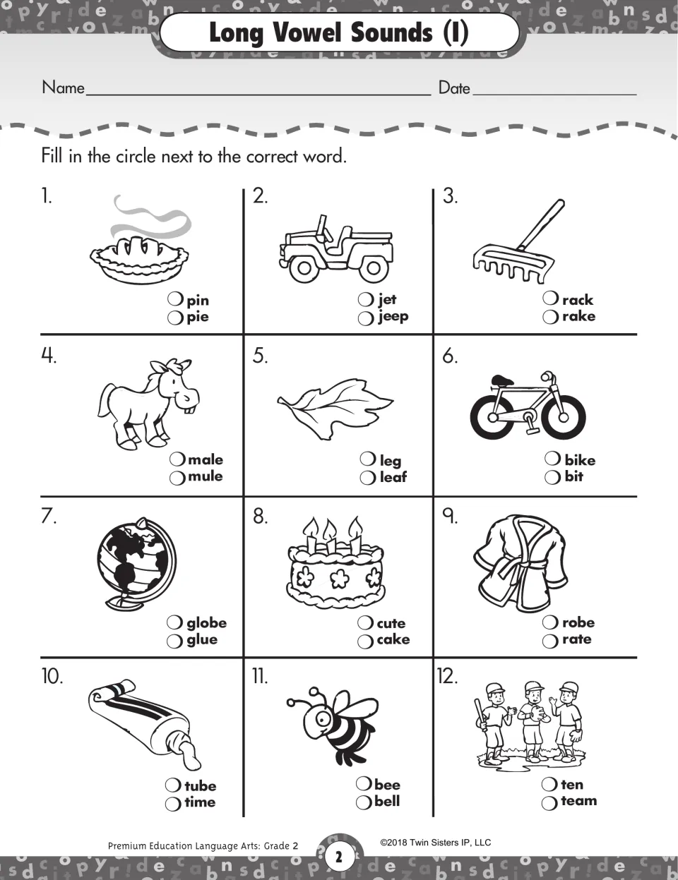 Long vowel sounds: students fill in the circle for the word naming each of 12 pictures, like pie or pin and jeep or jet