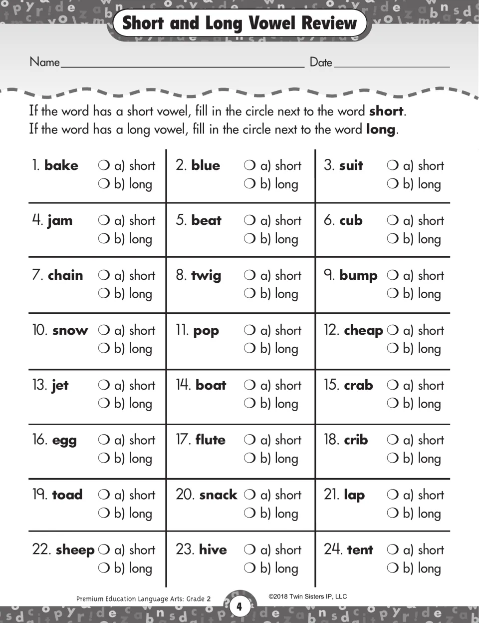 Short and long vowel review: students mark short or long for each of 24 words, including bake, jam, snow, crib and sheep