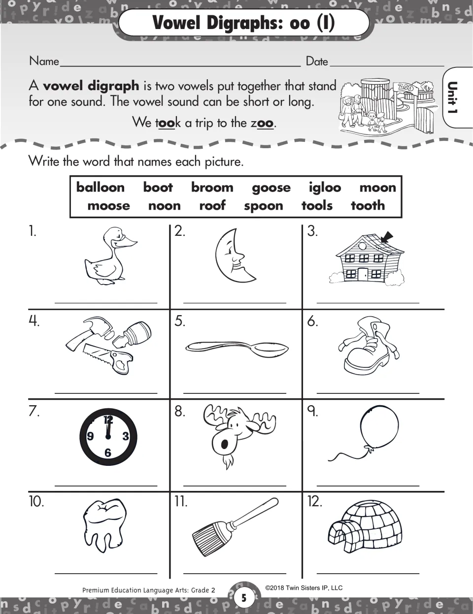 Vowel digraph oo: after a definition, students label 12 pictures from a bank such as goose, moon, roof, spoon and igloo
