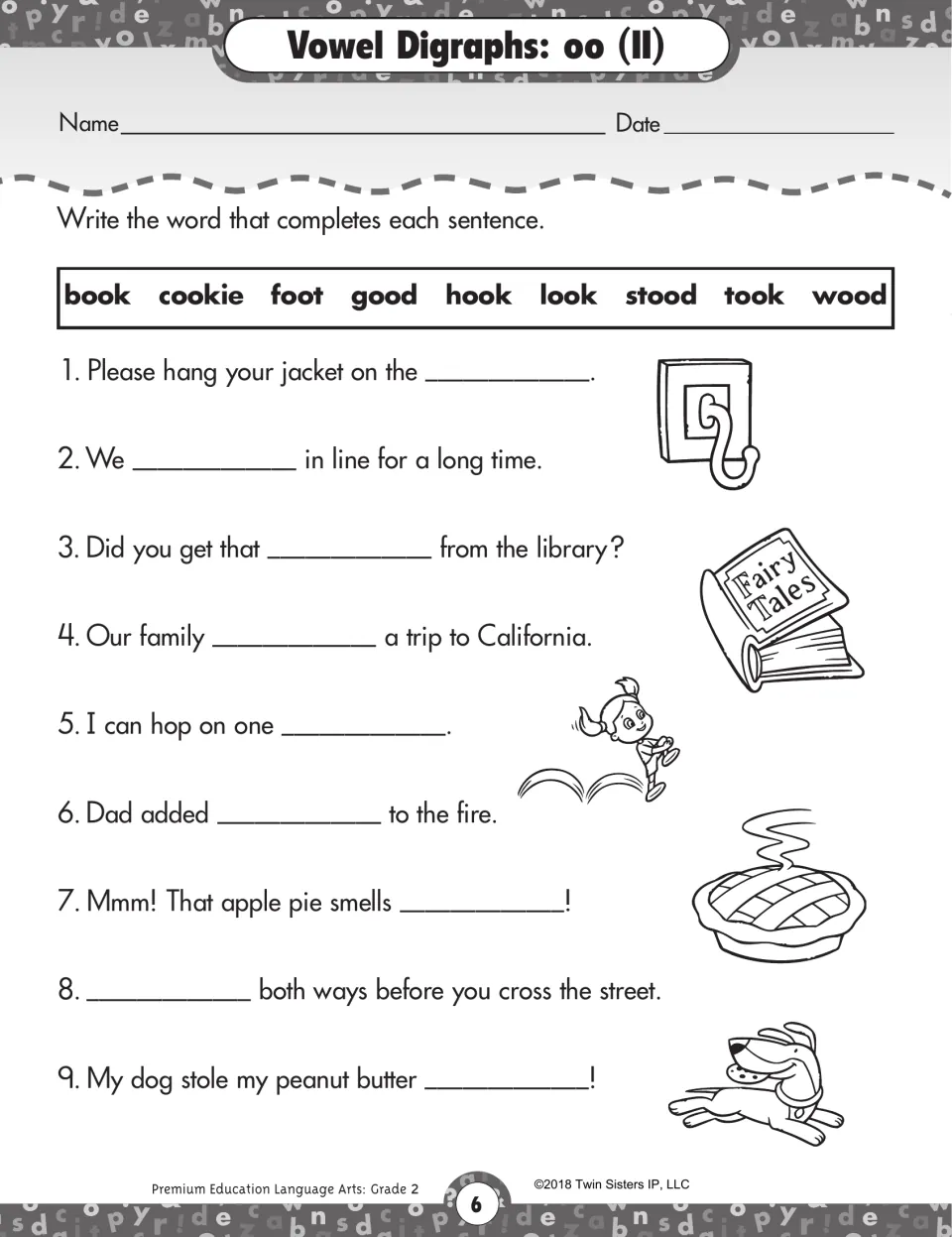 Short oo sound in sentences: students fill 9 blanks with book, cookie, foot, good, hook, look, stood, took or wood
