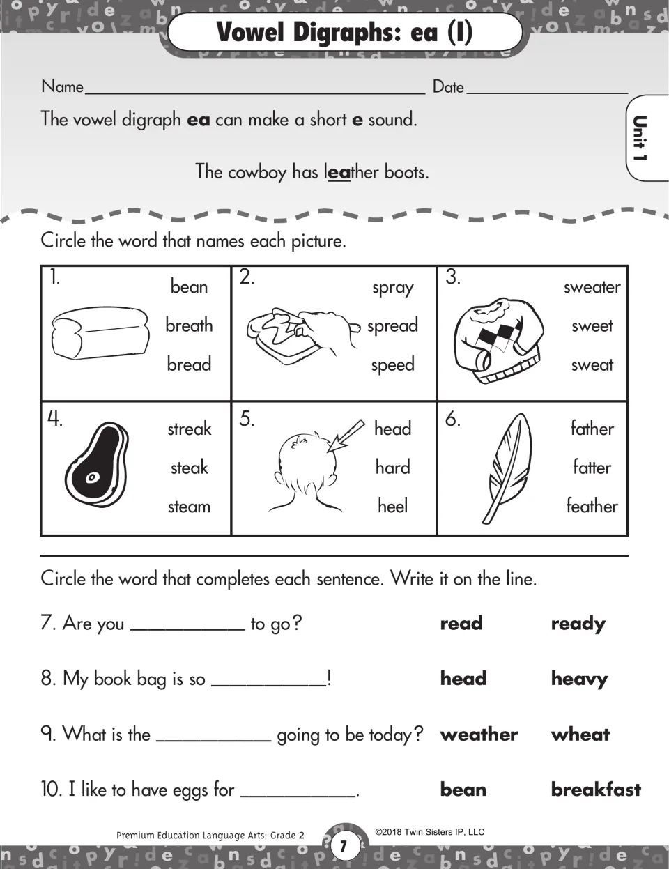 Vowel digraph ea as short e: students circle words naming pictures like bread and feather, then complete 4 sentences