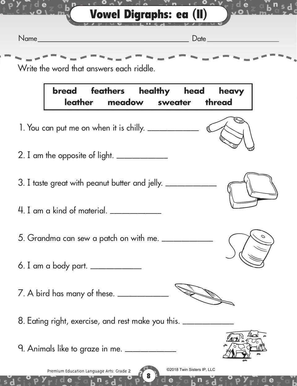 Digraph ea riddles: students answer 9 riddles with words like sweater, heavy, thread, feathers, healthy and meadow