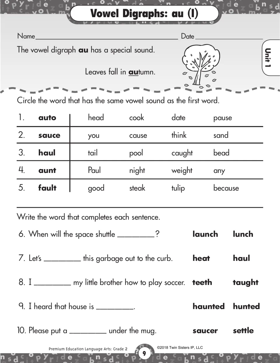 Vowel digraph au: students circle words sounding like auto and haul, then pick au words like taught to finish sentences