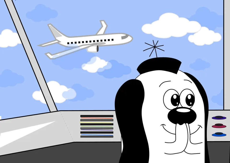 Story illustration: Zoggy looks out from his craft at a passenger plane flying through a sky of clouds
