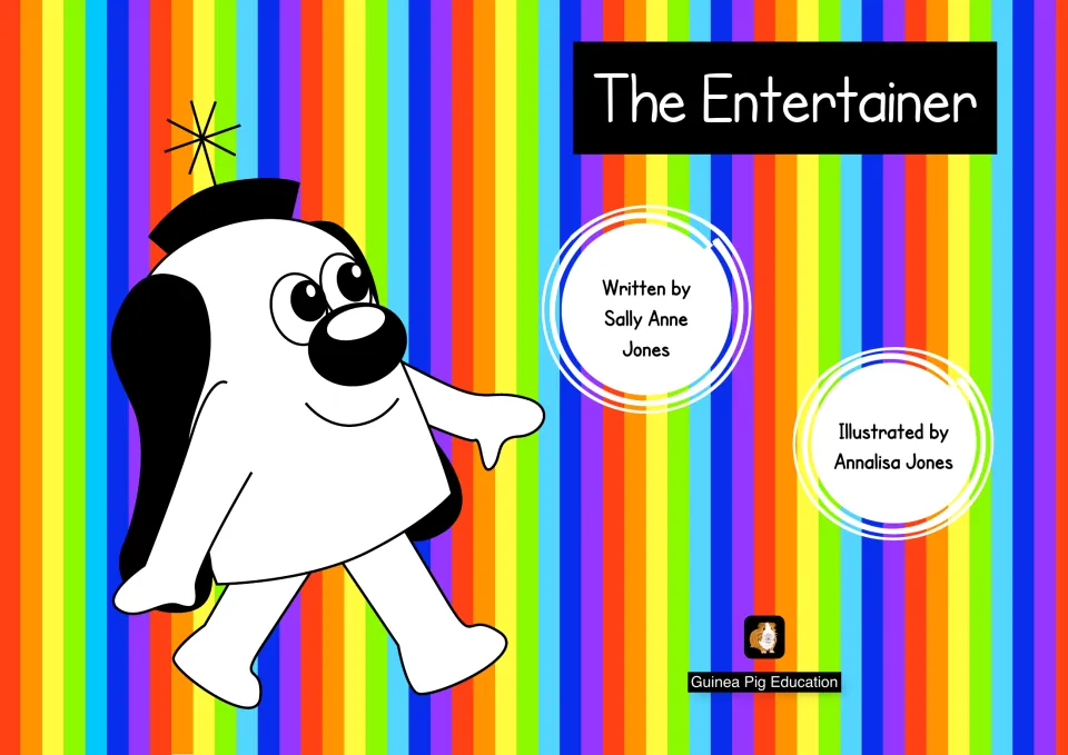 Cover of the story booklet The Entertainer by Sally Anne Jones, showing a cartoon character with an antenna walking