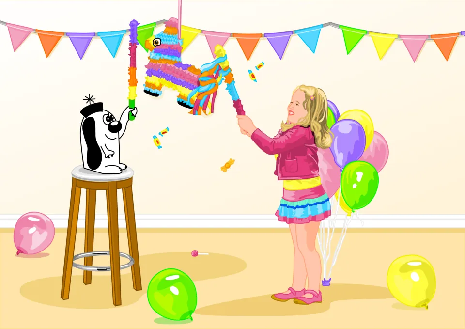 Story illustration: a girl and the antenna-topped character hit a donkey piñata at a party with balloons and bunting