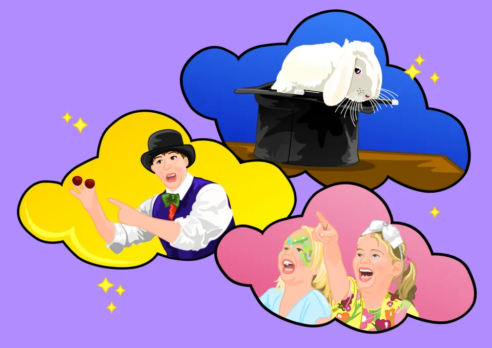 Story illustration: cloud pictures show a magician in a bowler hat, a white rabbit in a top hat and two cheering girls