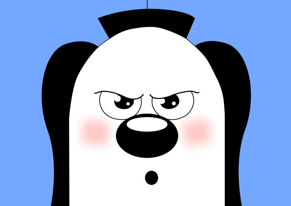 Story illustration: close-up of the cartoon character's face frowning, open-mouthed, with pink cheeks