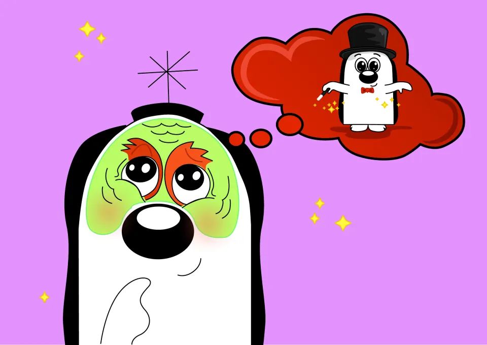 Story illustration: Zoggy, with a worried green face, imagines himself as a magician in a top hat and bow tie with a wand
