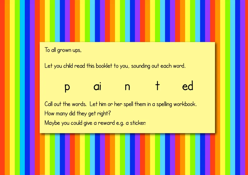 Adult guidance for the storybook: sound out words, use p, ai, n, t, ed, and practice spelling in a workbook