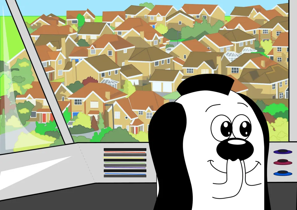 Story illustration of Zoggy at the controls of a craft, looking out over houses on his way to the party