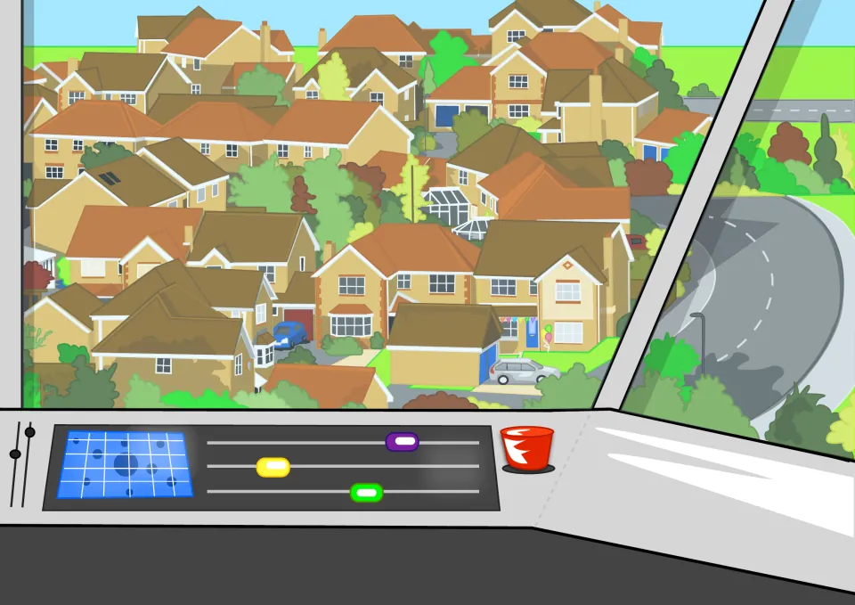 Story illustration continuing the trip to the party, showing houses and a road through the craft's window