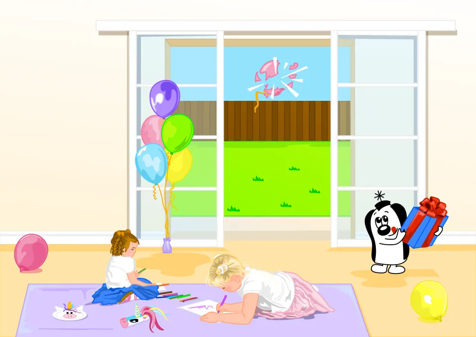Story illustration of Zoggy carrying a wrapped gift into the party while two children draw near balloons