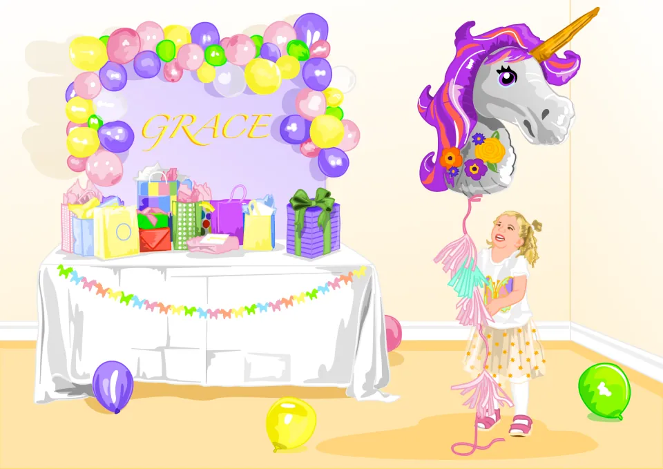 Story illustration of a child holding a unicorn balloon beside a gift table beneath the name Grace