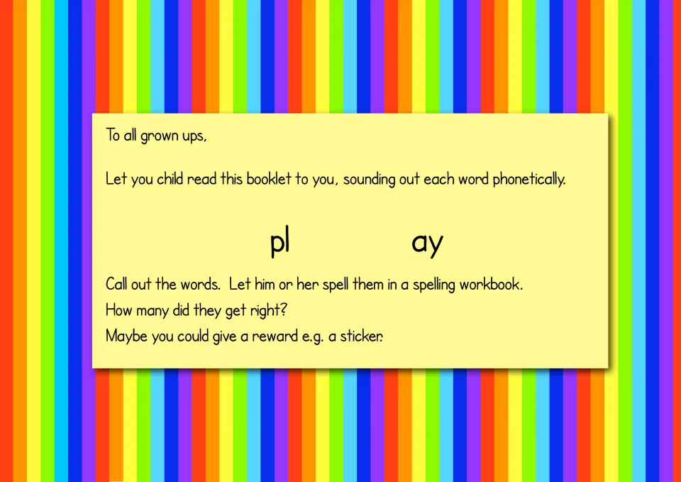 Adult guidance for the phonics booklet: sound out words, split play into pl and ay, and practice spelling