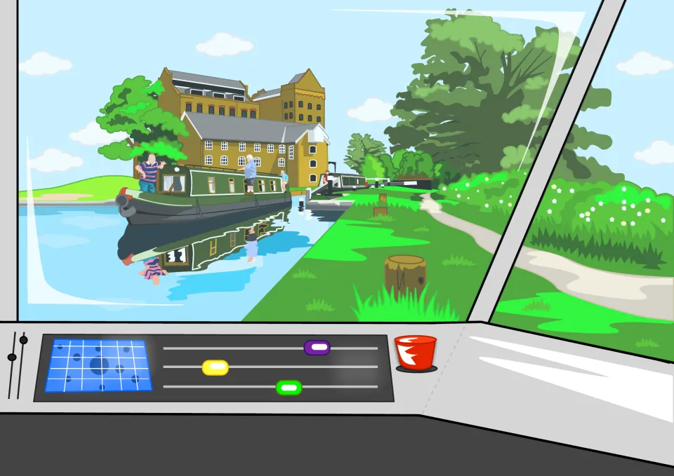 Story illustration in the phonics reader showing the mill, a canal boat, and a path from inside the craft