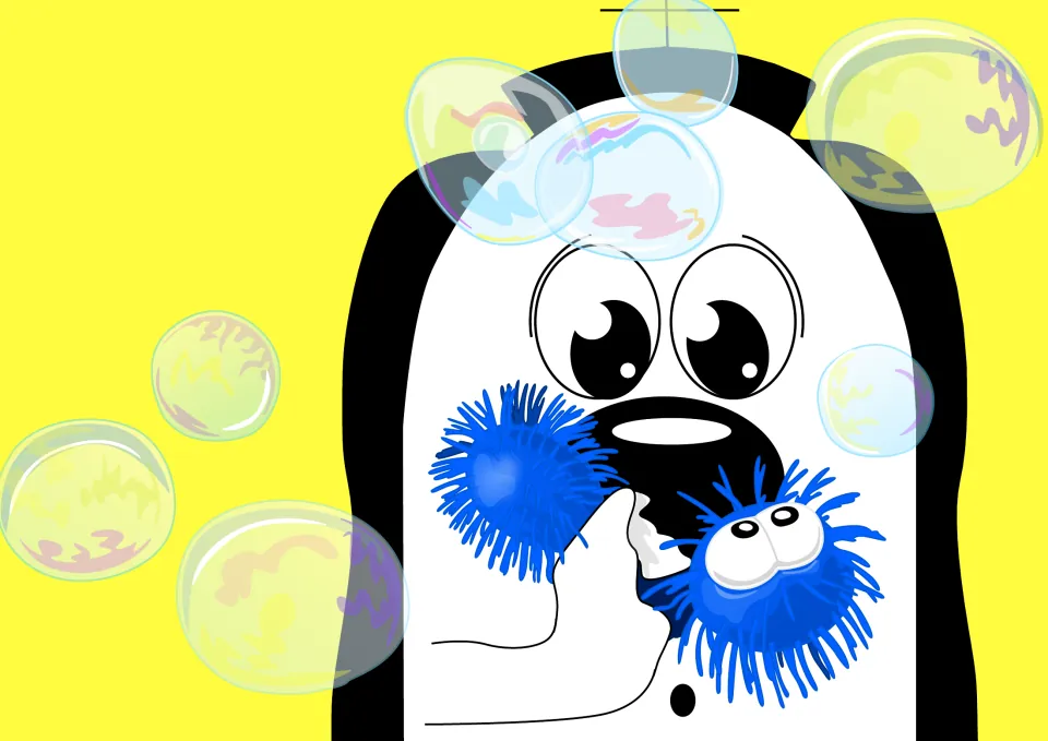 Story illustration in the phonics reader showing Zoggy holding two blue toys while bubbles float around him