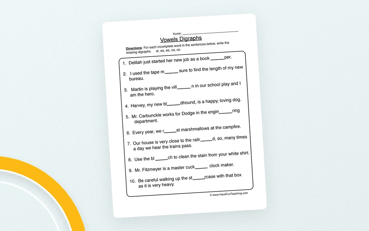Vowel Digraphs Worksheet preview: A one-page sentence-completion phonics activity