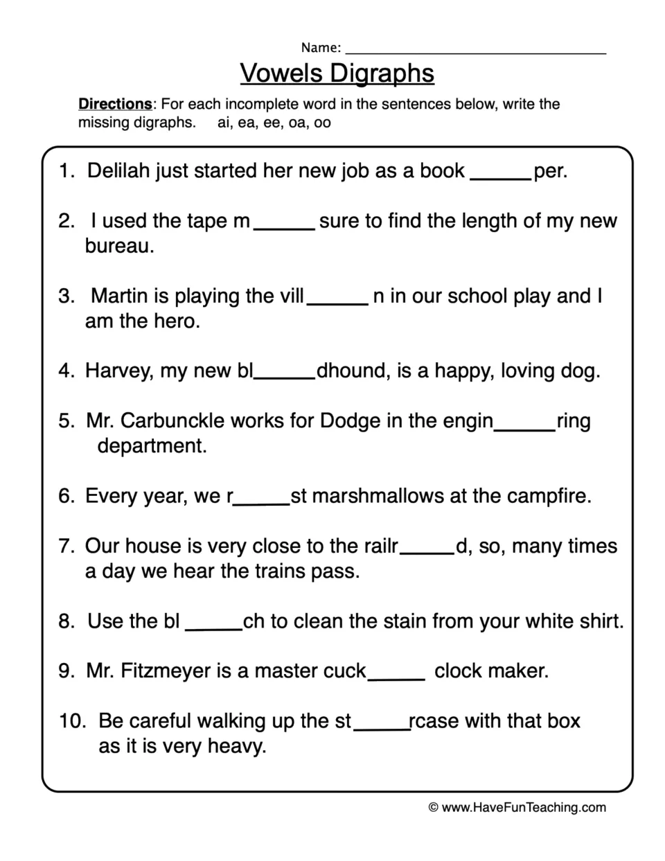 Vowel digraphs: students write ai, ea, ee, oa or oo to complete the partial word in each of 10 sentences