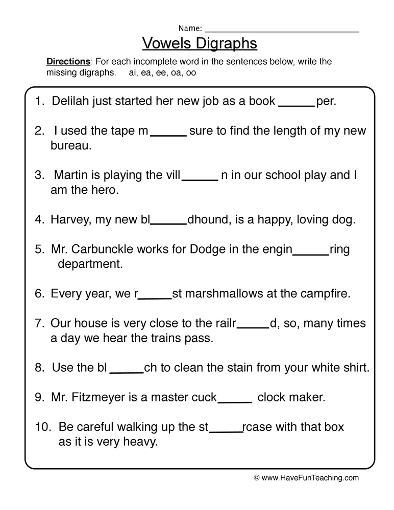 Vowel Digraphs Worksheet By Teach Simple