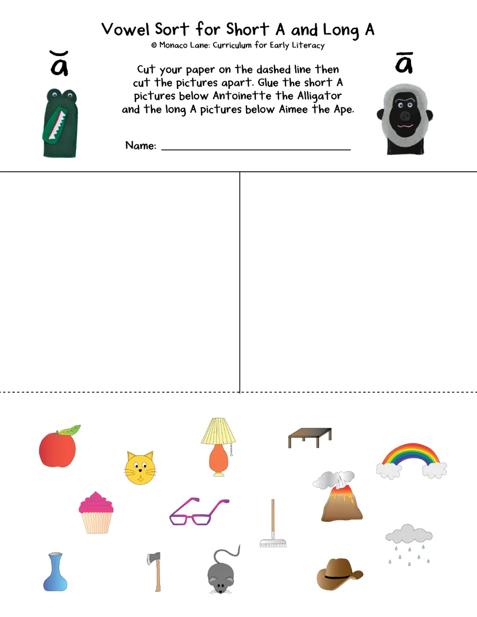 Short A and long A sort: students cut apart pictures like apple, cat, rake and rainbow and glue each under its vowel sound