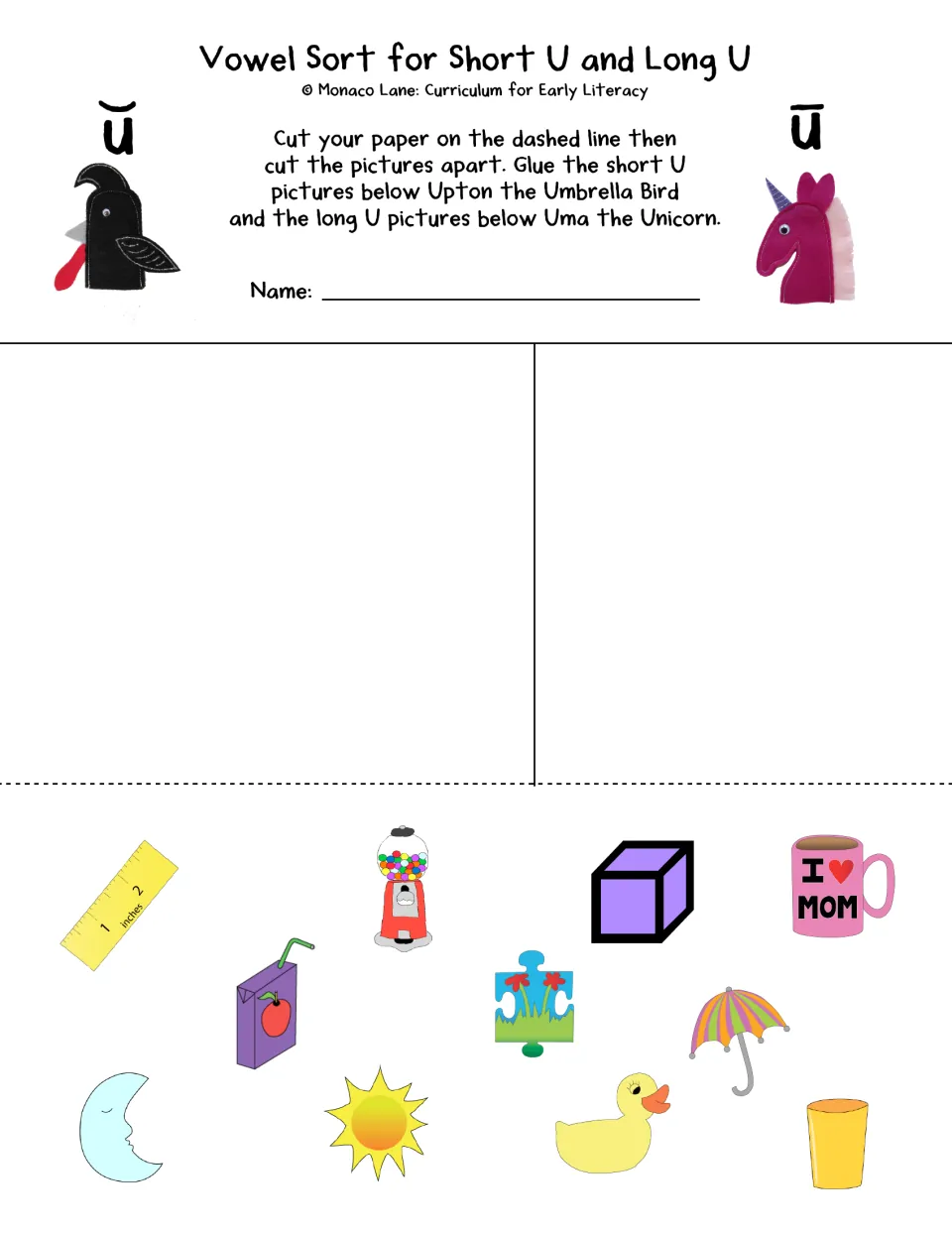 Short U and long U sort: students cut out pictures like ruler, cube, mug, umbrella and duck and glue each under its U sound