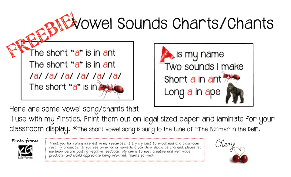 Vowel Sounds Charts/Chants FREEBIE! cover with sample chants, legal-size printing directions, and song tune