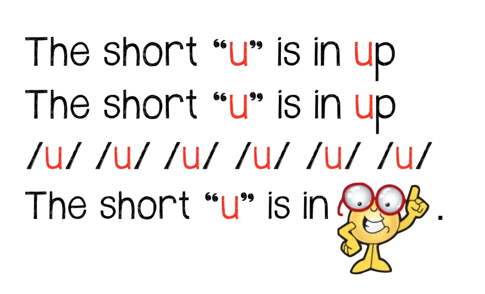 Short u chant chart repeats “The short ‘u’ is in up,” with six /u/ sounds and a figure pointing up