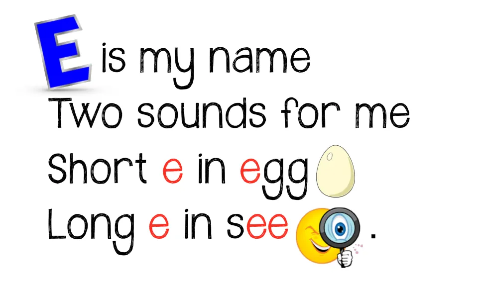 Vowel e comparison chant chart says “E is my name” and pairs short e in egg with long e in see