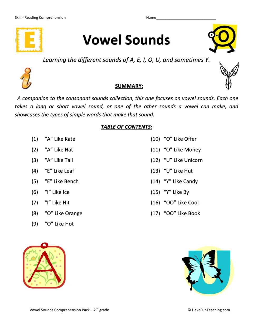 Vowel Sounds cover and contents listing 17 topics for A, E, I, O, U, Y, and OO, with a collection summary