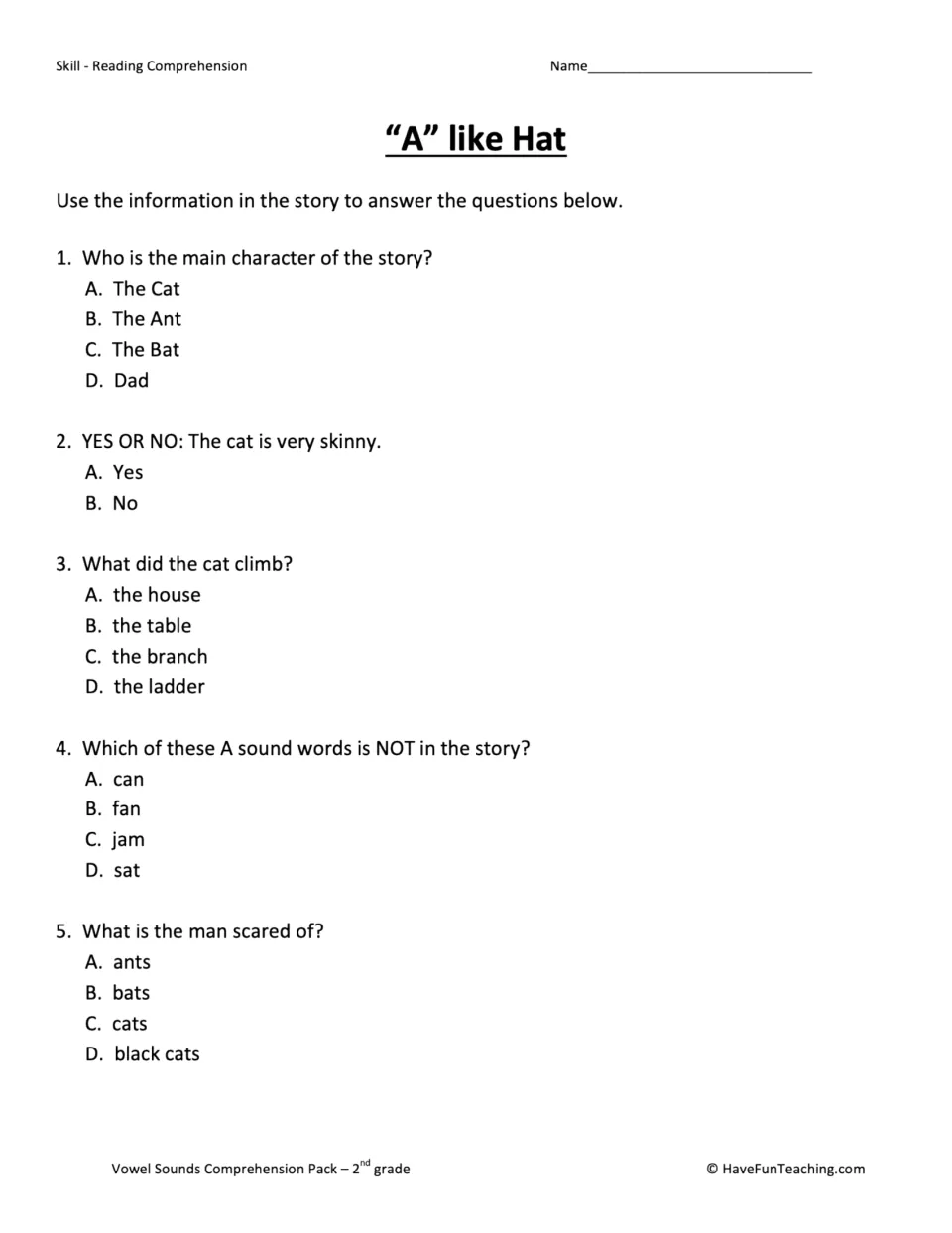 “A” like Hat quiz asks five questions about the cat, its climb, a missing short A word, and the man's fear