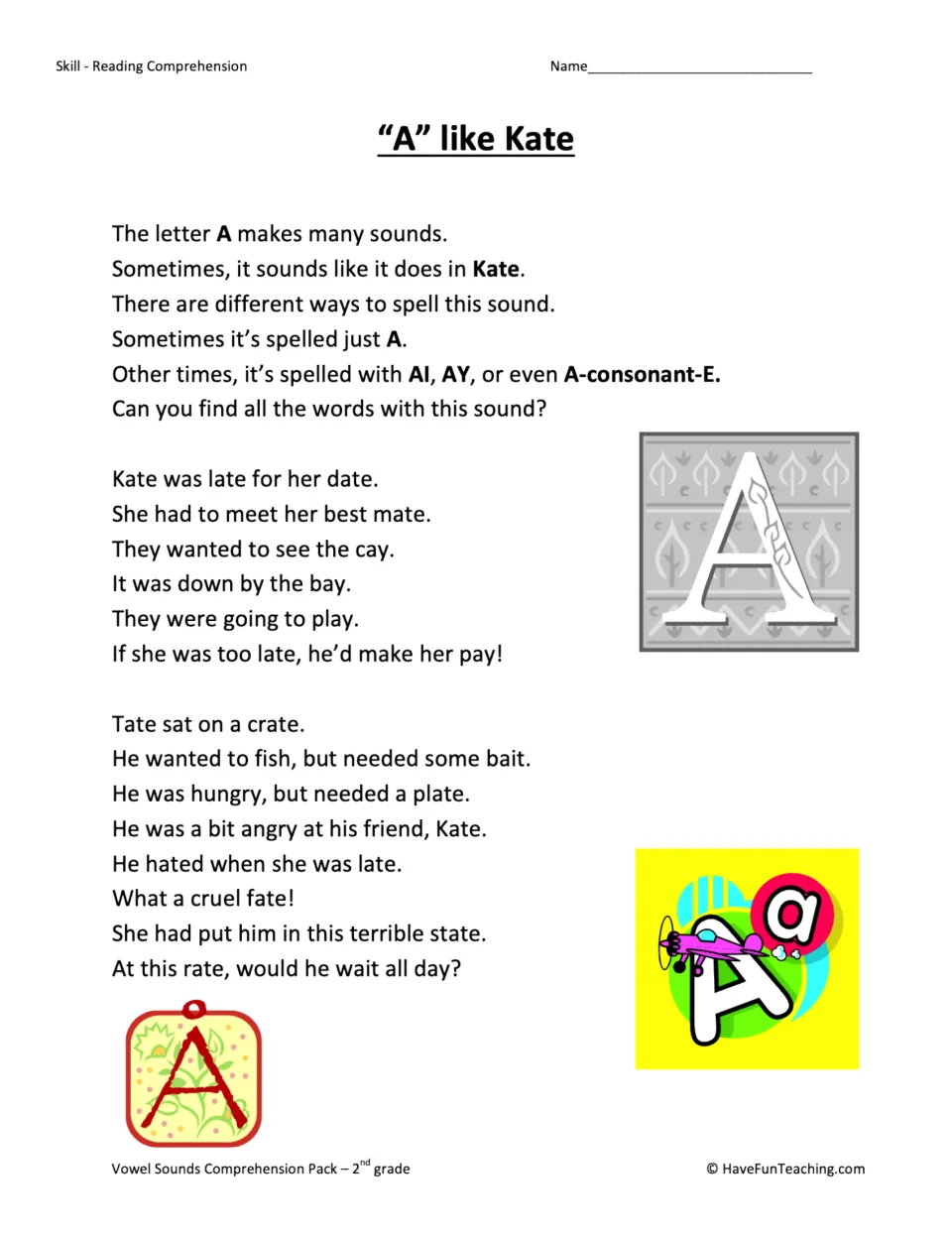 “A” like Kate passage explains long A spellings A, AI, AY, and A-consonant-E through Kate and Tate's story