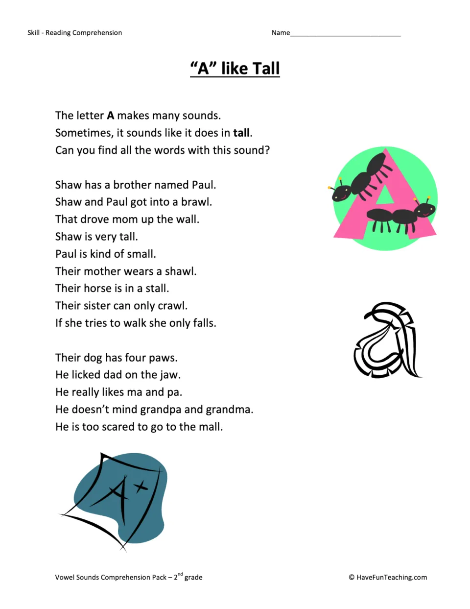 “A” like Tall passage practices the vowel sound in tall through sentences about Shaw, Paul, and their dog