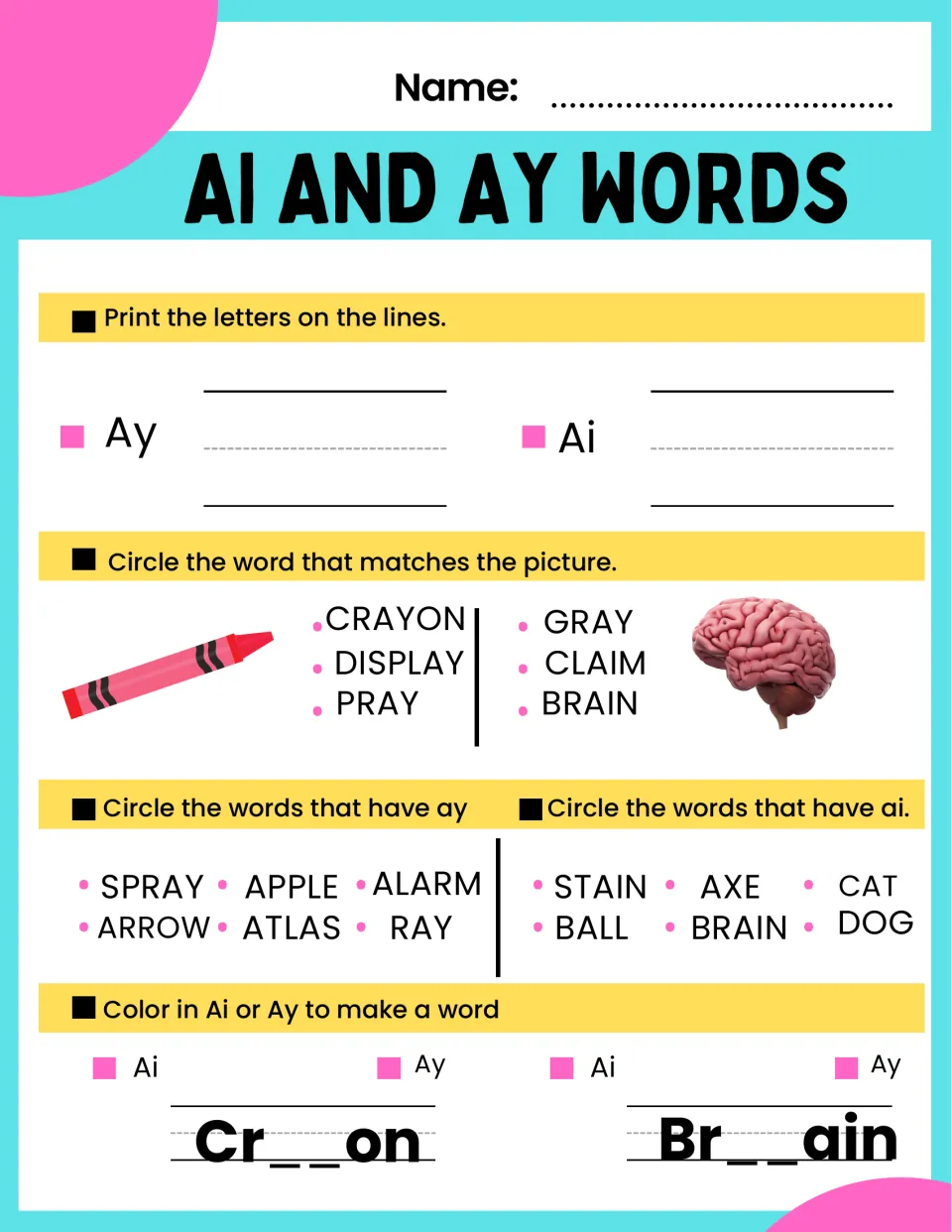 AI and AY practice sheet 3: write the letter pairs, match crayon and brain pictures, and find AI and AY words.