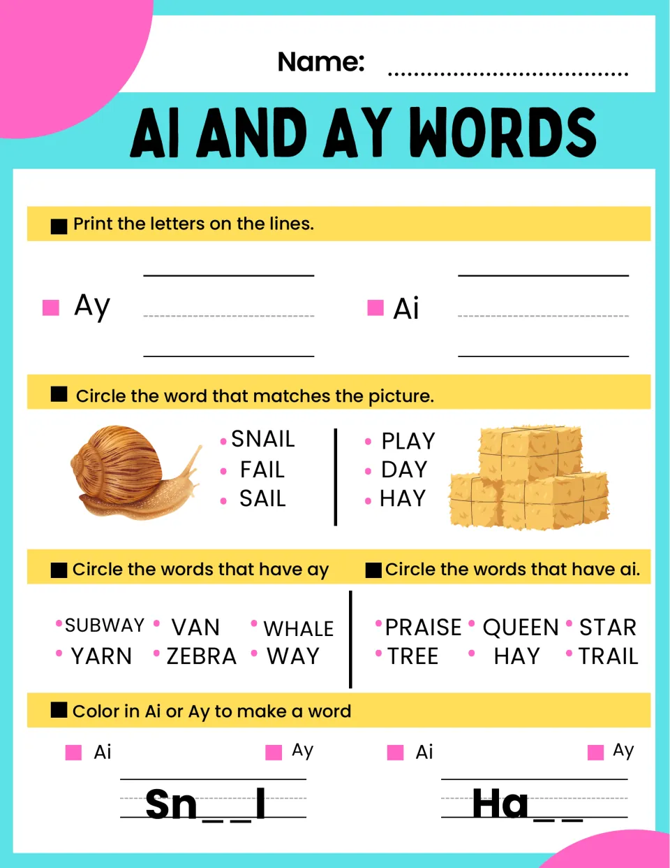 AI and AY practice sheet 5: write the letter pairs, match snail and hay pictures, and find AI and AY words.